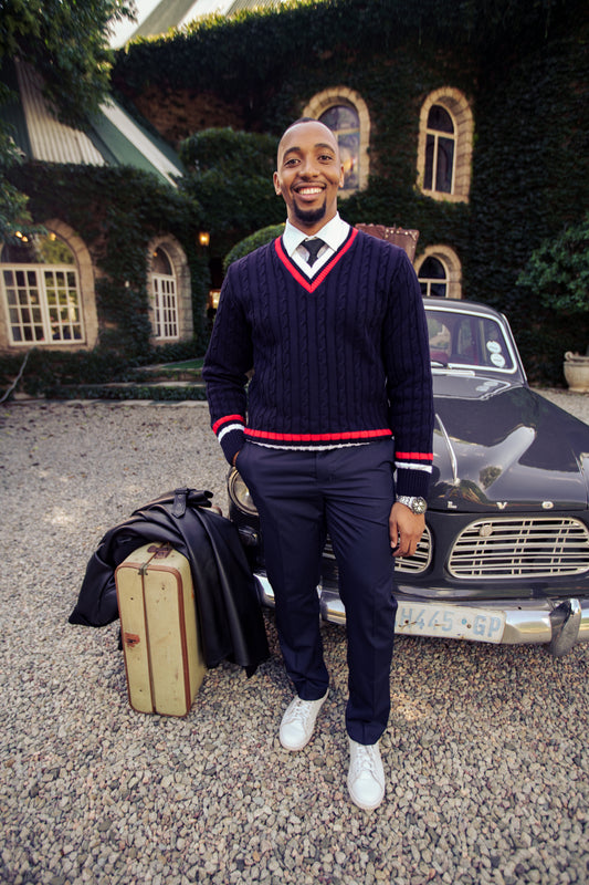 Navy Blue, Red and White Cricket Jersey